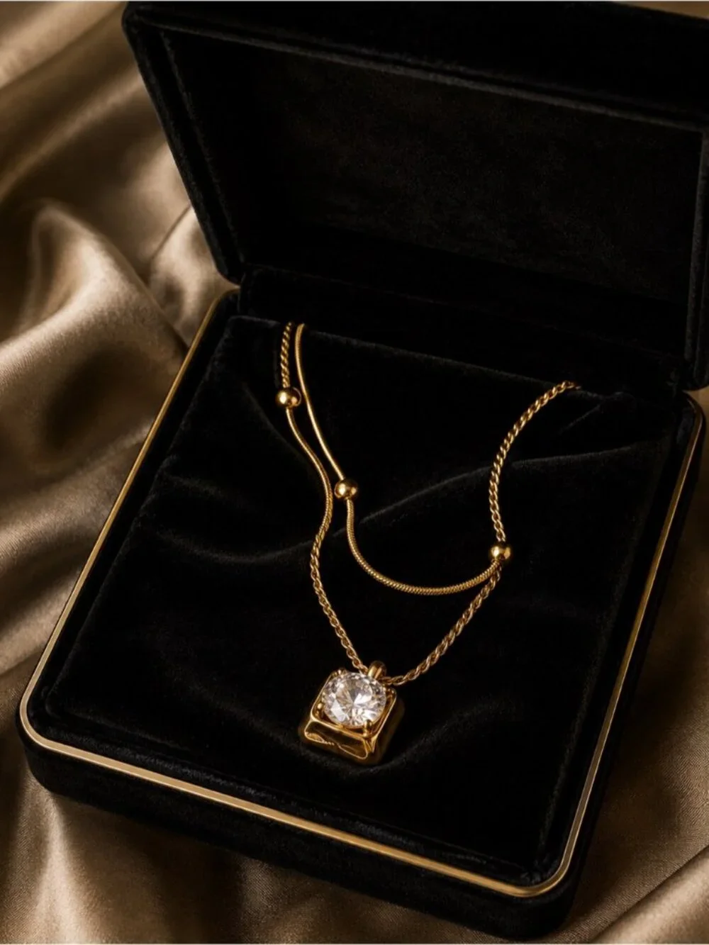 Gold Toned Pendant Necklace with Clear Stone